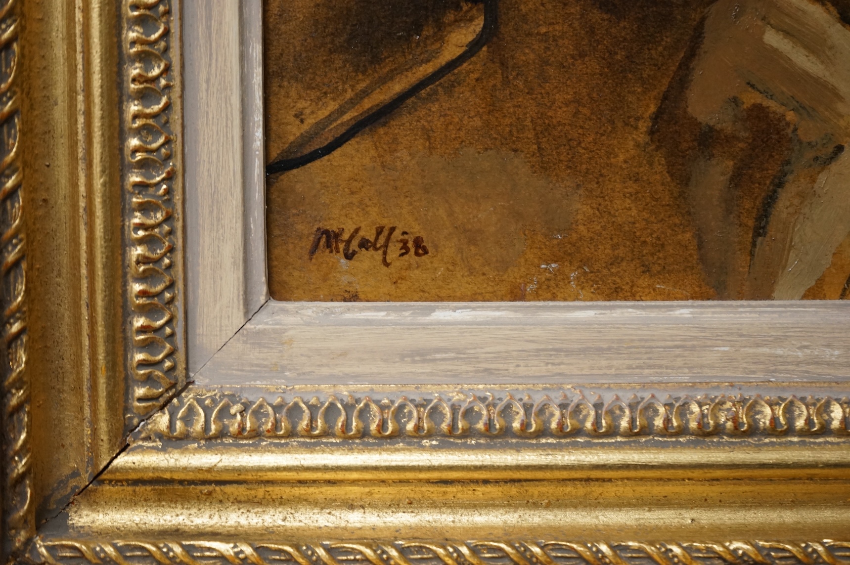 Charles McCall (Scottish, 1907-1989), Head of Maxine, signed and indistinctly dated, details and Christies, St. James, London, September 1995 label verso, oil on board, 27 x 19.5cm, gilt frame